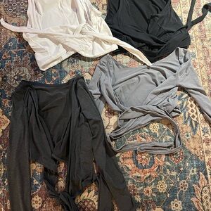 Set of Wrap Tops in Black, Gray, and White